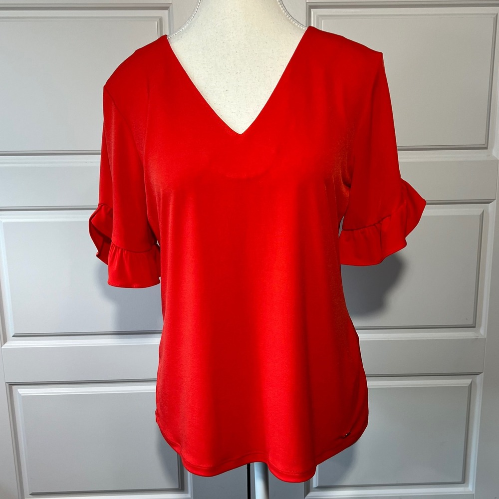 Calvin Klein Women Red V Neck Flutter Sleeve Top Size S Stretchy Polyester Blend
